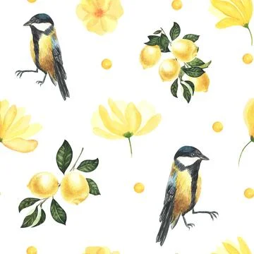 Summer pattern with lemon branch,yellow flowers and tit bird. Background with Stock Illustration