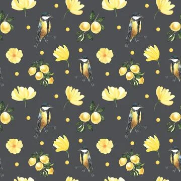 Summer pattern with lemon branch,yellow flowers and tit bird. Background with Stock Illustration