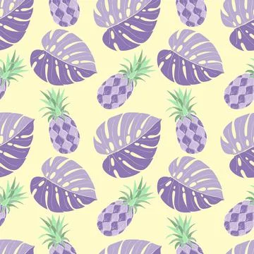 Summer pattern with pineapple doodle and monstera purple violet, yellow Stock Illustration