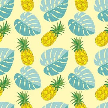 Summer pattern with pineapple doodle and blue monstera leaves, yellow background Stock Illustration