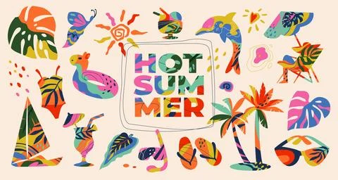 Summer pattern. Pool Boho party design. Cute hot happy fair with rainbow and  Illustrazione stock