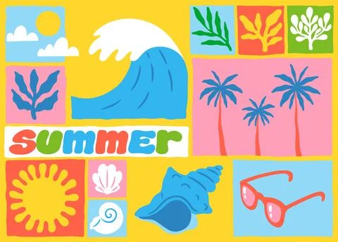 Summer pattern. Sea vacation. Beach travel. Surfing and sunbathing. Collage with Stock Illustration