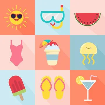Summer pattern. Set of vector Summer posters. Ice cream, beach umbrella, flip 스톡 일러스트