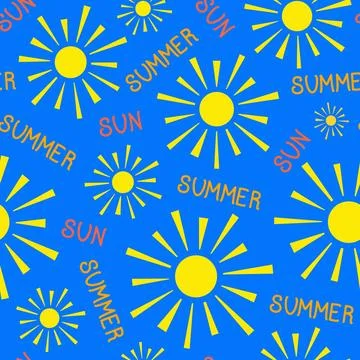 Summer pattern with sun on a blue background with lettering. Stock Illustration