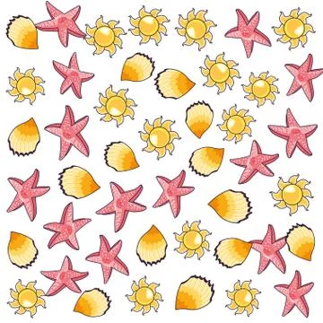 Summer pattern of suns with starfish and seashells Stock Illustration