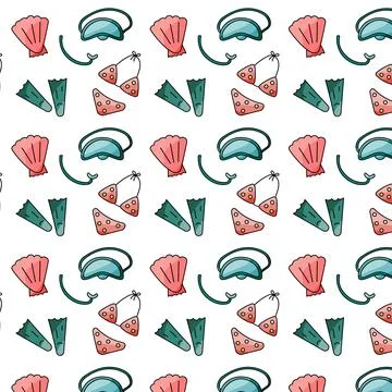 Summer pattern swimsuit shell fins mask heat 库存插图