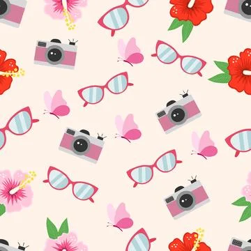 Summer pattern of tropical red flowers, pink butterflies, pink camera. Vector Stock Illustration