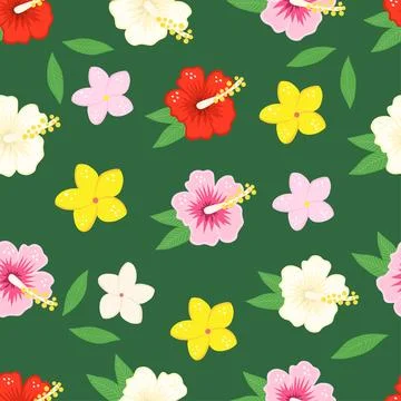 Summer pattern of tropical red, yellow, pink flowers, and green leaves. Vecto Stock Illustration