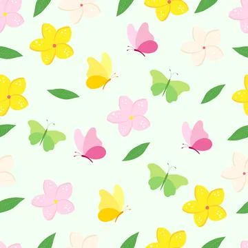 Summer pattern of tropical yellow, pink flowers, butterflies and green leaves Stock Illustration