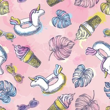 Summer pattern. Unicorn pool toy, leaves, ice cream on pink background. Vecto Stock Illustration