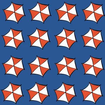 Summer pattern of white and red umbrellas on a blue background. Vector Stock Illustration