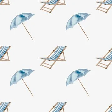 Summer patterns featuring blue lounger, umbrella, and inflatable accessorie.. Stock Illustration