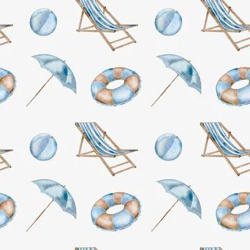 Summer patterns featuring loungers, umbrellas, and inflatable toys for beac.. Illustrazione stock
