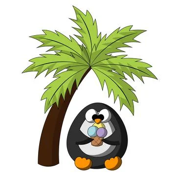 Summer Penguin under the palm tree. Draw illustration in color Stock Illustration