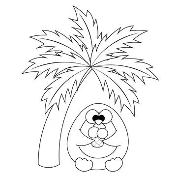 Summer Penguin under the palm tree. Draw illustration in black and white Stock Illustration