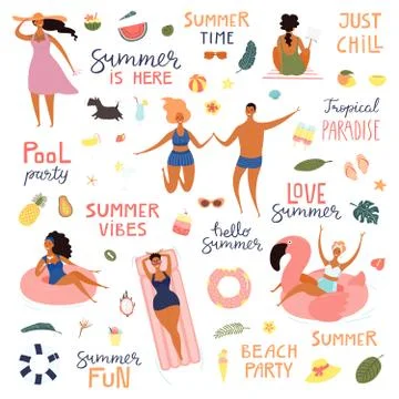Summer people and elements set Illustrazione stock