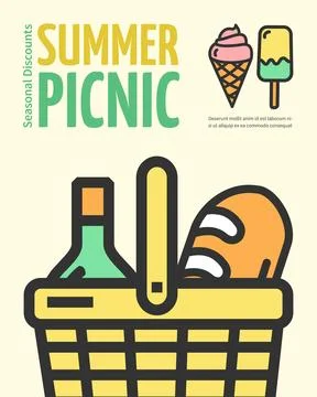 Summer Picnic Concept Vertical Placard Poster Banner Card Template. Vector Stock Illustration