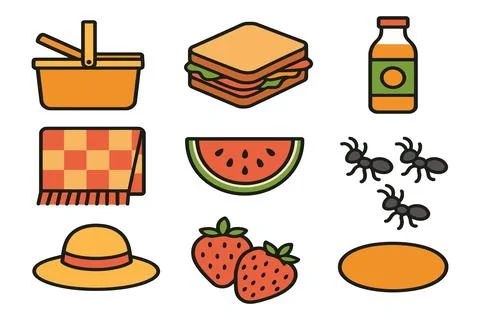 Summer picnic elements including basket sandwich watermelon strawberries ha.. 库存插图