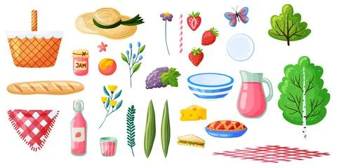 Summer Picnic Elements Set Cartoon Clipart Ilustração Stock