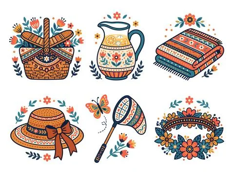Summer Picnic Folk Art Bundle Vector Illustration Illustrazione stock
