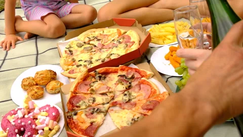 Summer picnic with pizza. Selective focus. Stock Footage 317257634