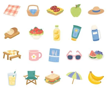 Summer picnic set featuring blanket basket Stock Illustration