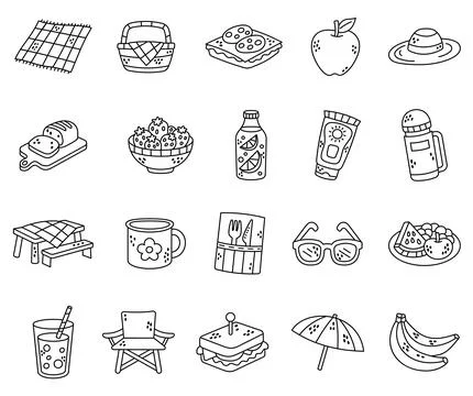 Summer picnic set featuring blanket basket Stock Illustration