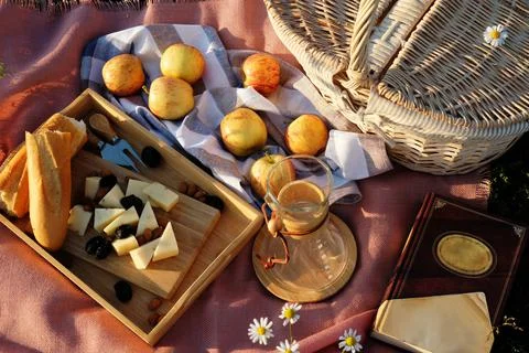 Summer picnic setting in the meadow in the rays of the sunset Stock Photos