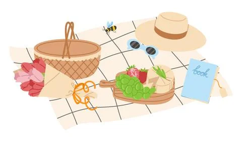 Summer Picnic Vector Illustration with Wicker Basket and Food on Plaid Blanket Stock Illustration