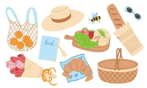 Summer Picnic Vector Set with Cute Hand Drawn Elements Isolated on White イラスト素材