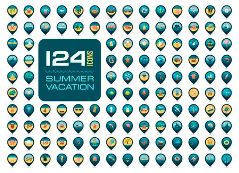 Summer pin map icon set. Summertime. Vacation Stock Illustration