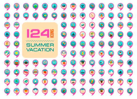 Summer pin map icon set. Summertime. Vacation Stock Illustration