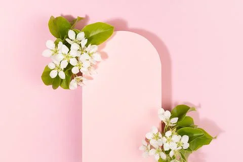 Summer pink blank rounded arch pad for text mockup with white apple tree flow Stock Photos