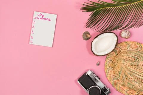 Summer plan, camera, hat,  on a pink background top view Stock Photos
