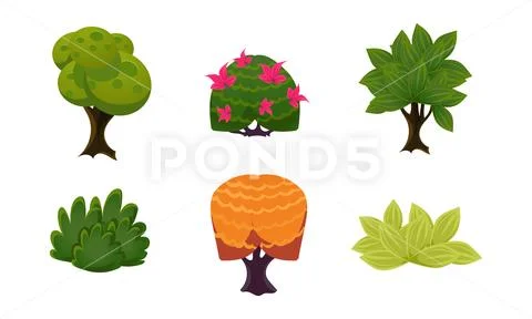 Summer plants set, cute cartoon fantasy bushes and trees, user interface assets Stock Illustration