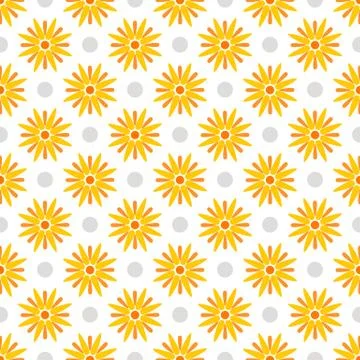 Summer polka dot seamless pattern with yellow flowers.  Abstract floral backg Stock Illustration
