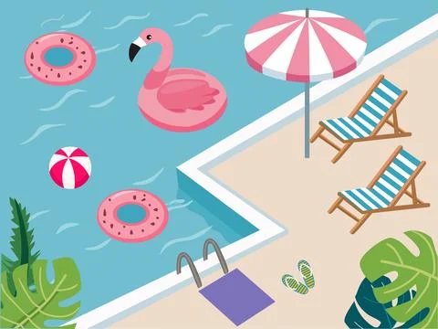 Summer Pool background with umbrella, beach chairs and tropical leaves. Illustrazione stock