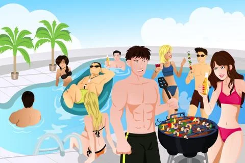 Summer pool barbeque party Stock Illustration