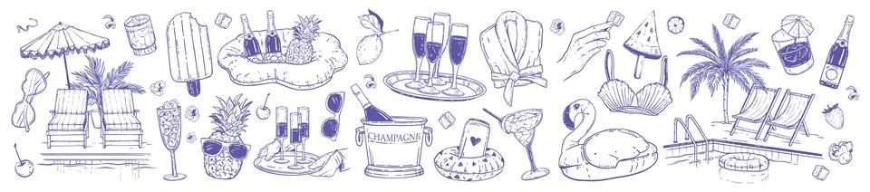 Summer pool party doodle set, vector hand drawn bachelorette cocktail イラスト素材