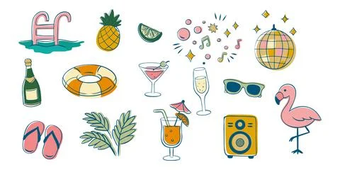 Summer Pool Party Elements Set Doodle Clipart Stock Illustration