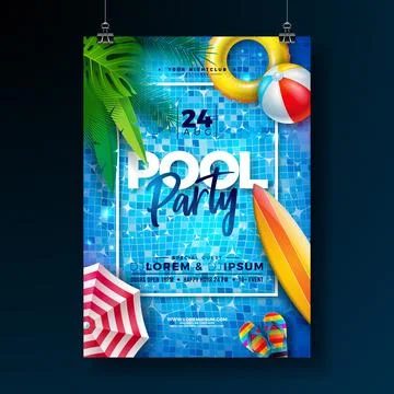 Summer Pool Party Flyer Design Template with Beach Ball and Text Label on Blu Stock Illustration