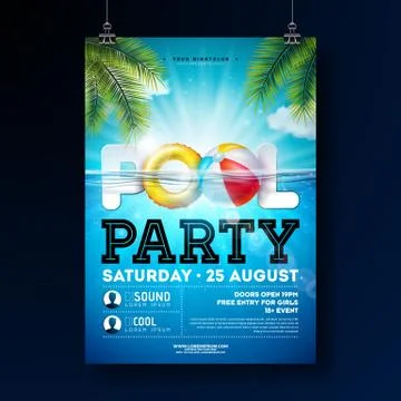 Summer pool party poster design template with water, beach ball and float on Illustrazione stock