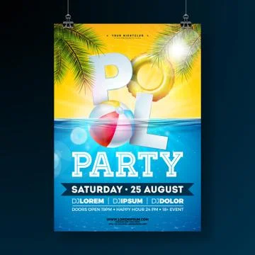Summer pool party poster design template with palm leaves, water, beach ball and Illustrazione stock
