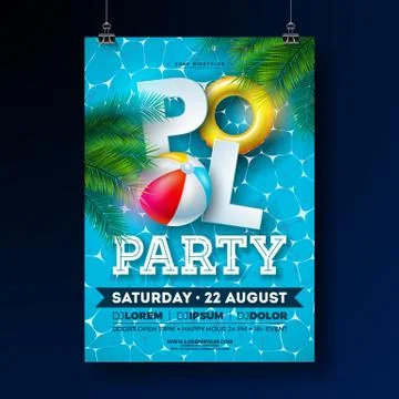 Summer Pool Party Poster Design Template with Palm Leaves, Water Beach Ball and Stock Illustration