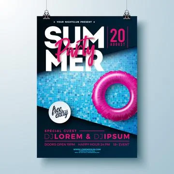 Summer Pool Party Poster Design Template with Float on Water in the Tiled Pool Stock Illustration