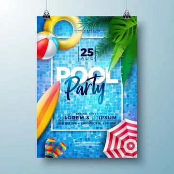 Summer Pool Party Poster Design Template with Palm Leaves, Beach Ball and Float Stock Illustration