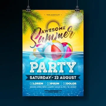 Summer Pool Party Poster Design Template with Palm Leaves, Water and Beach Ba Stock Illustration