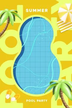 Summer pool party poster featuring top view of swimming pool, umbrella, pal.. Stock Illustration