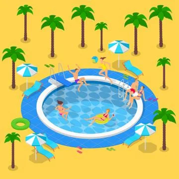 Summer pool party, vector 3d isometric illustration. Summer vacation in resor 스톡 일러스트