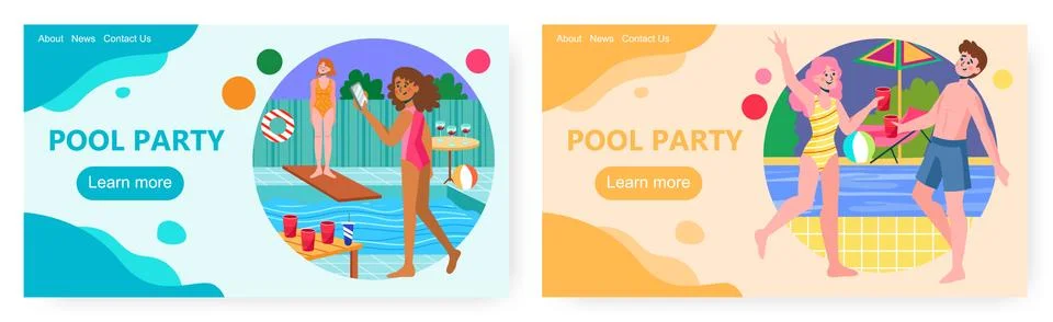 Summer pool party vector concept illustration. People enjoy vacation and drink Stock Illustration